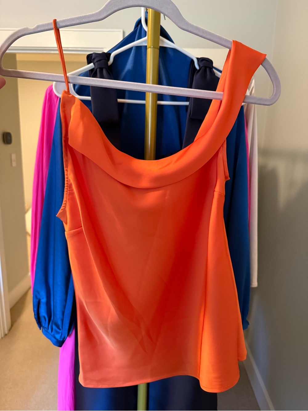 ASTR Bright Orange One-Shoulder Satin Top